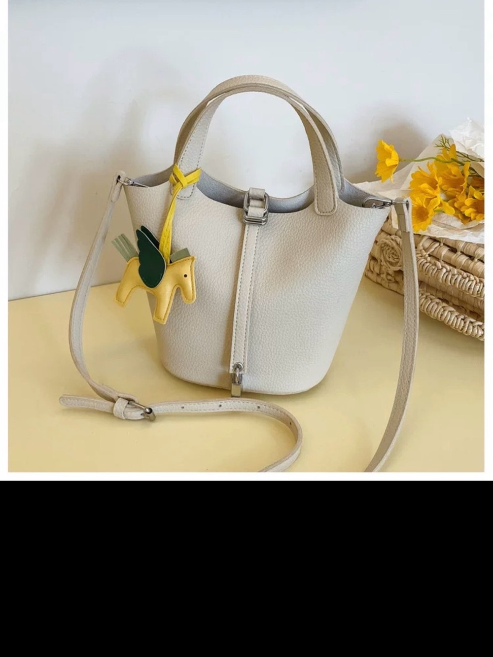 Cream Pebbled Leather Bucket Bag with Removable Strap